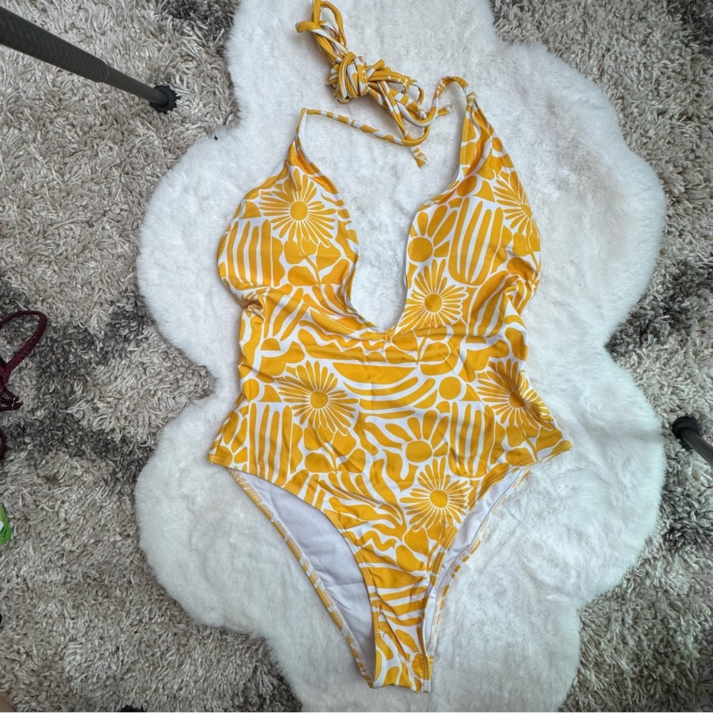 Samiol vibrant Yellow Floral Women Swim One Piece M 66